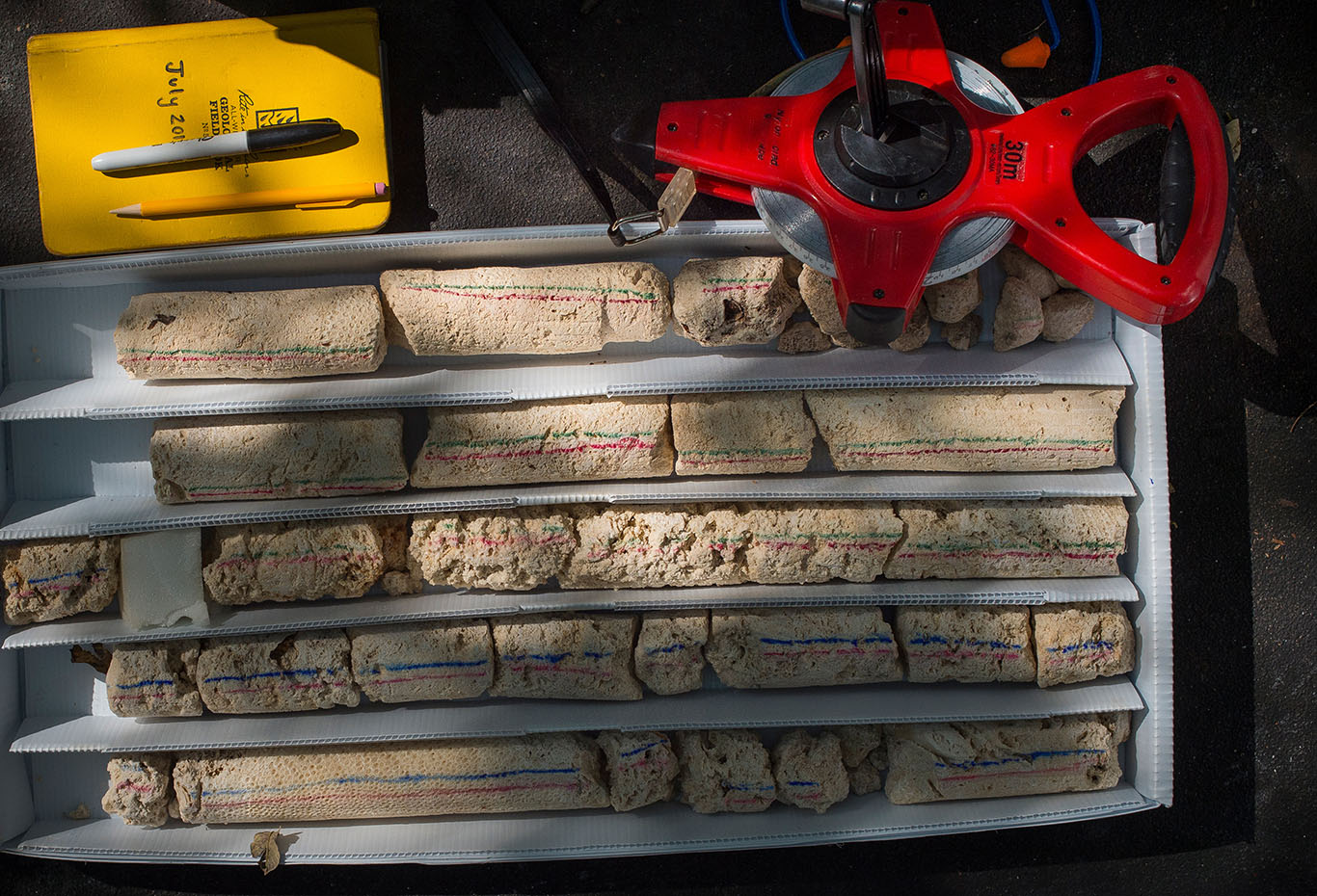 Tools of the trade: a water-resistant field notebook, a measuring tape, and drill core of the fossil reef that has been marked to denote orientation.