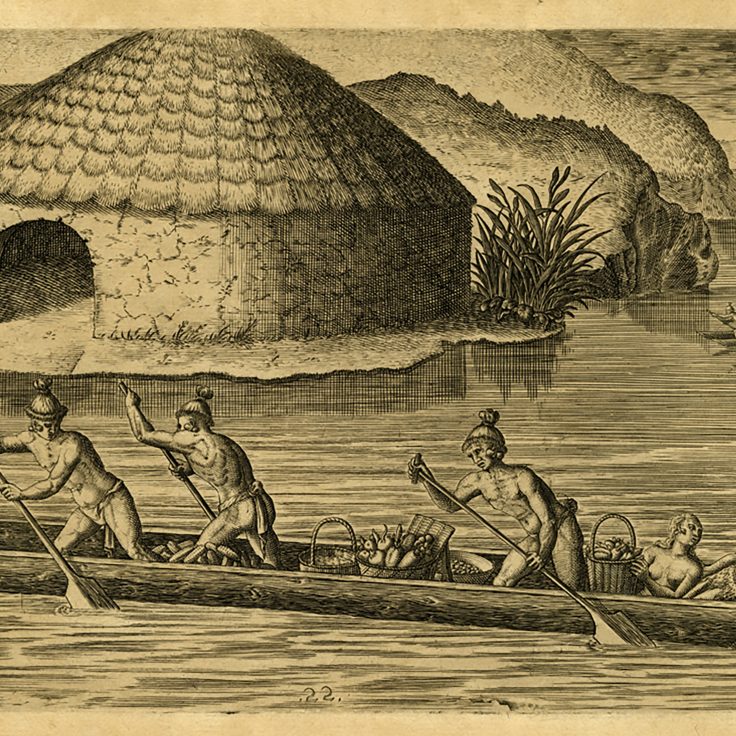 "Industry of the Floridians in Depositing Their Crops in the Public Granary" is an illustration by the Flemish engraver Theodore de Bry (1591) of the Timucua people of Florida. The origin and accuracy of the de Bry engravings is a subject of considerable academic controversy.