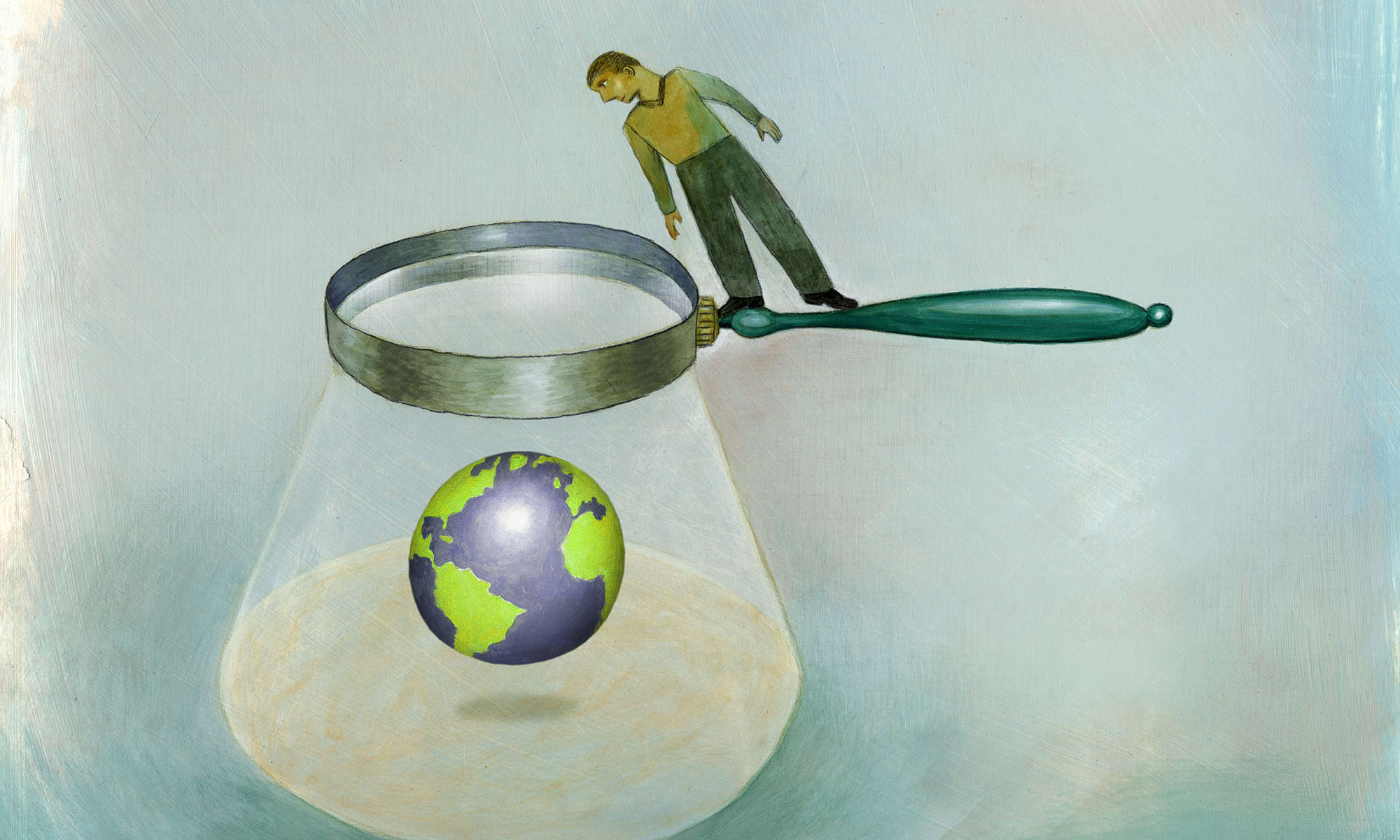 illustration of person looking through giant magnifying glass at a globe