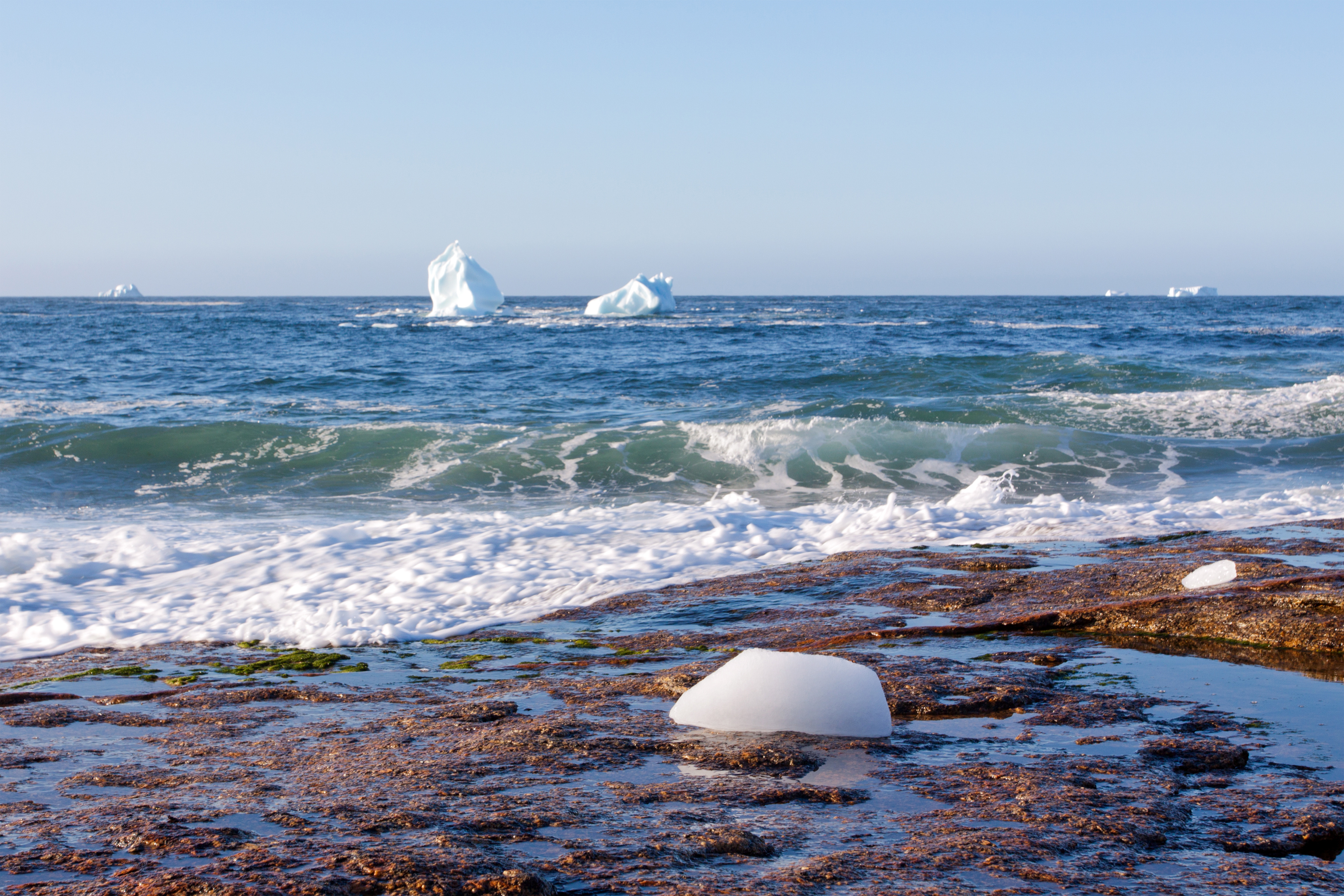 melting iceberg pieces along beach