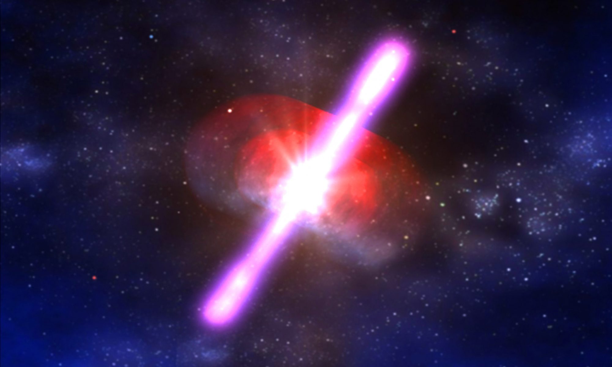 The artist's rendering (left) of GRB 050709 depicts a gamma-ray burst that was discovered on 9 July, 2005 by NASA's High-Energy Transient Explorer. The burst radiated an enormous amount of energy in gamma-rays for half a second, then faded away. Three days later, Chandra's detection of the X-ray afterglow (inset) established its position with high accuracy. A Hubble Space Telescope image showed that the burst occurred in the outskirts of a spiral galaxy. This location is outside the star-forming regions of the galaxy and evidence that the burst was not produced by the explosion of an extremely massive star. The most likely explanation for the burst is that it was produced by a collision of two neutron stars, or a neutron star and a black hole.
