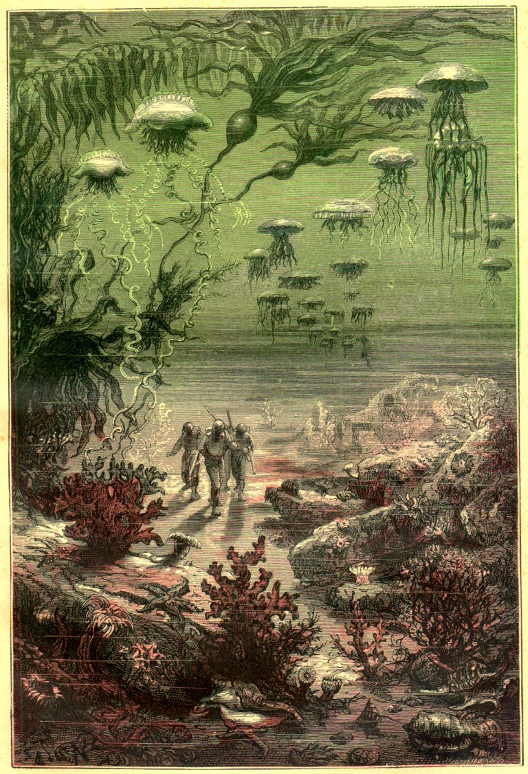 illustration of undersea explorers with army of jellyfish approaching them