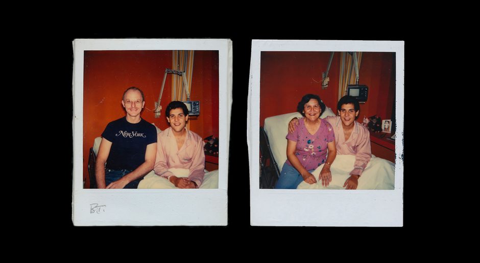 two Polaroid photos of man in hospital bed with family members hugging him