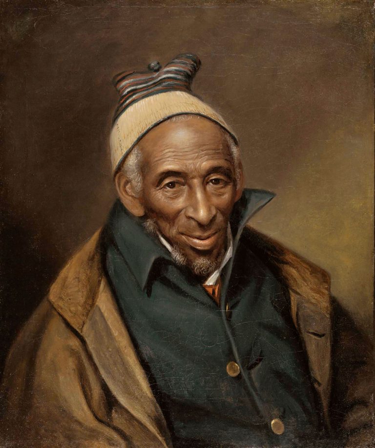 oil painting of kindly elderly man with brown skin and kufi cap