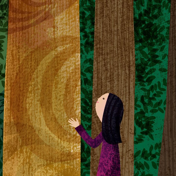 whimsical painting of girl touching tree