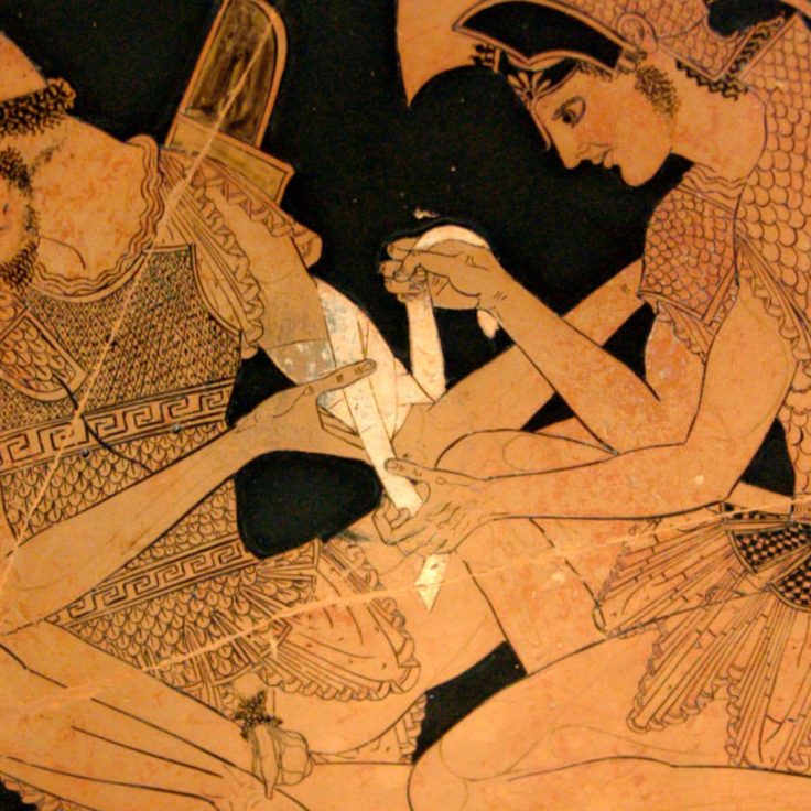 closeup of Grecian painting depicting soldier bandaging another's arm
