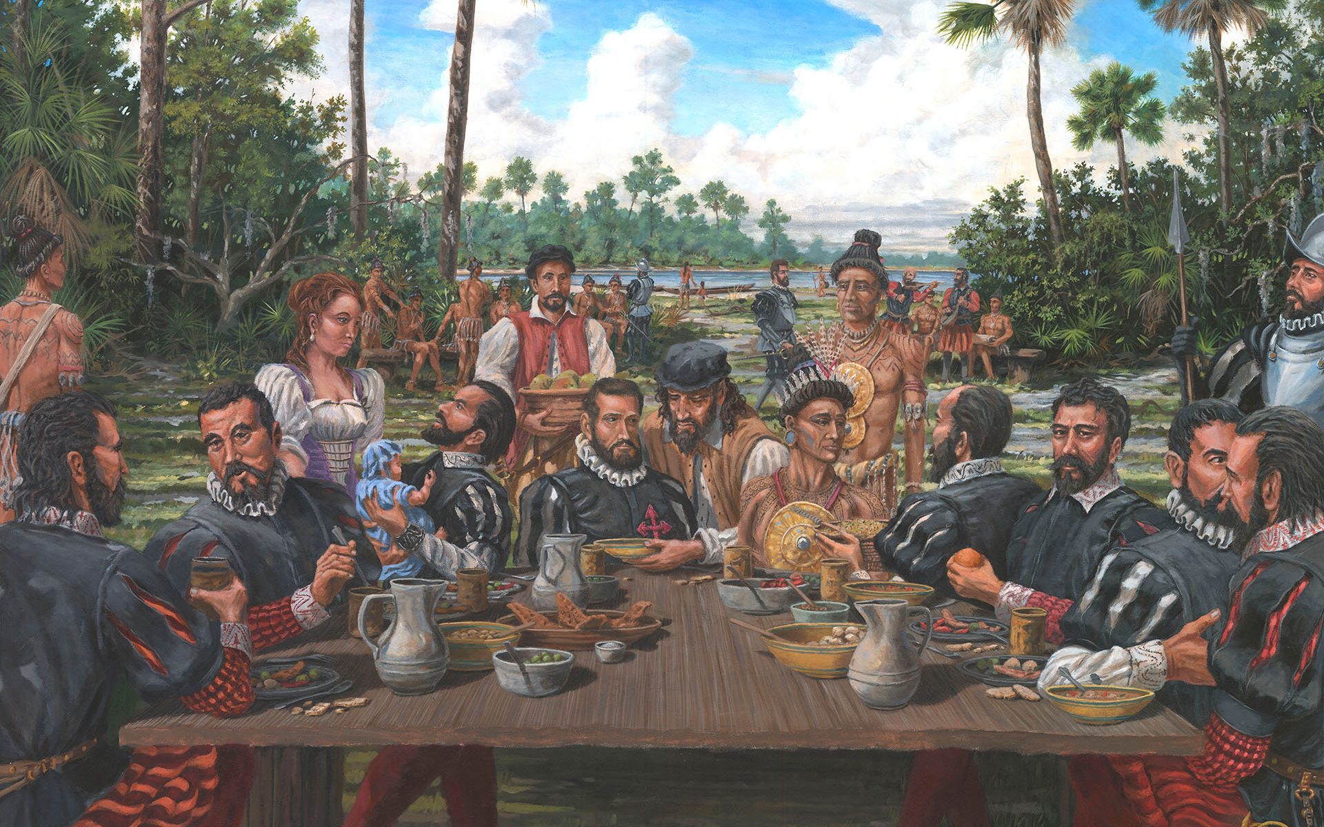 painting of Spaniards and Native Americans sharing food and drink