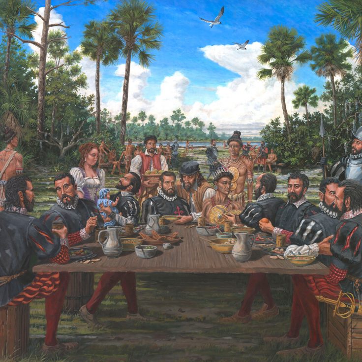 painting of Spaniards and Native Americans sharing food and drink