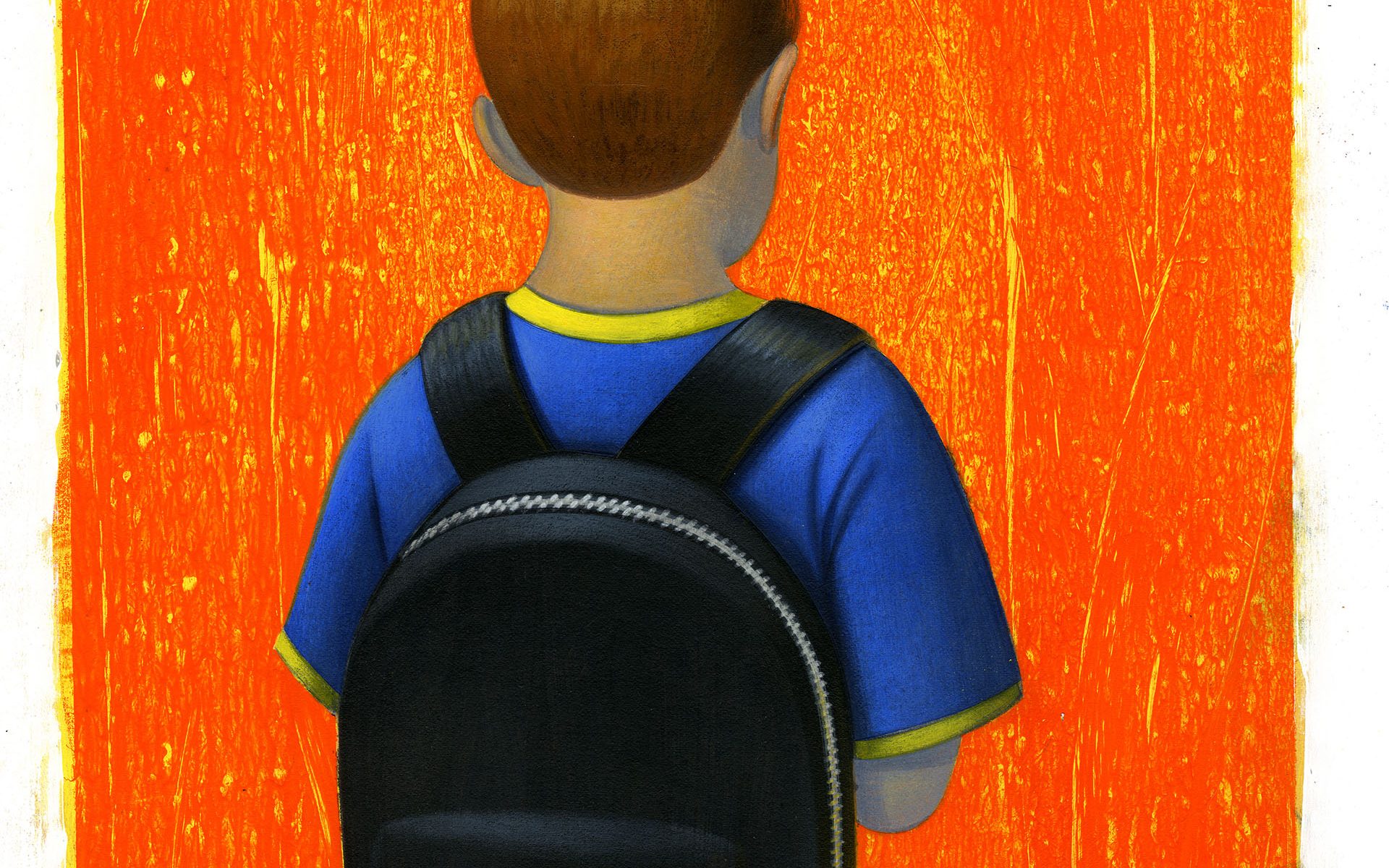 illustration of young boy with backpack facing away, against orange background