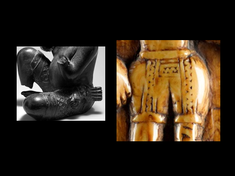 Figure 4a and 4b: Close-up views of Tada Seated Figure’s short pants; and similar pants worn by an Ifa priest on divination tapper in ivory, reproduced by permission and courtesy of Rolf Miehler, Germany.