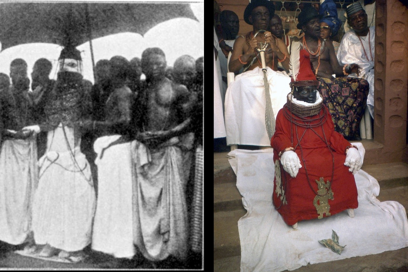 Fig. 4. While ákó figures are not known to have represented monarchs at Ọwọ, they do so at Benin for the Ọba (left), his mother the Iyọba (right), and certain high chiefs. Left, Ọba Ovaranmwẹn’s ákó in a 1914 photo by W. B. Rumann; right, Iyọba Erediauwa’s ákó in a 1998 photo by Kathy Curnow.