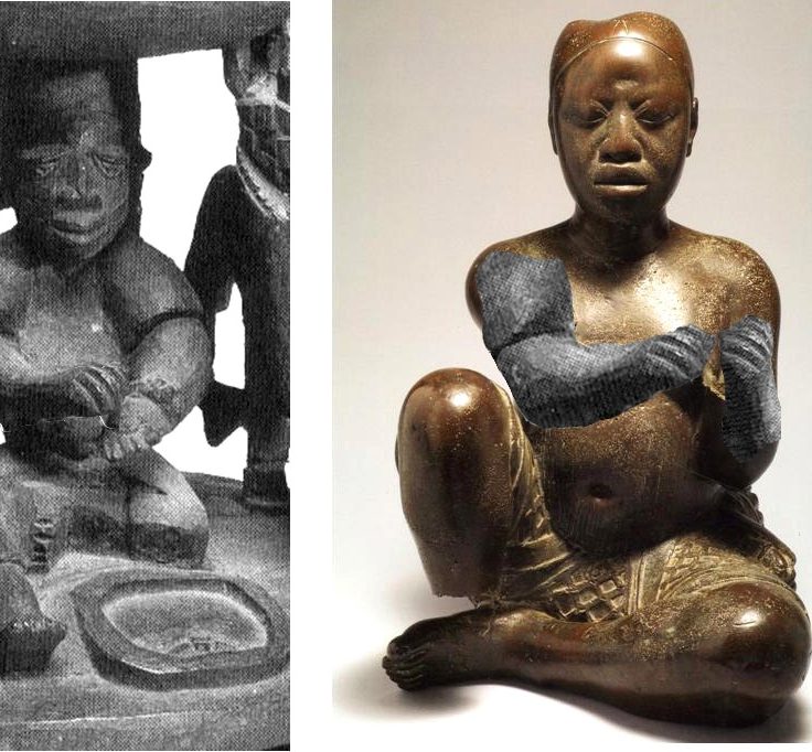 Fig. 2. At right, the forearms of the late 14th-century Tada copper figure have been digitally reconstructed, their position heightening its resemblance to the carved diviner shown at left in a detail from a 20th-century agere-Ifá. Right, created by Paul Chapin, Amherst College, Amherst, MA after piece 79.R.18 in the collection of the National Commission for Museums and Monuments, Nigeria. Left, MA 1999.17 The Barry D. Maurer (Class of 1959) Collection of African Art purchased with money from the Amherst College Discretionary Fund and funds from H. Axel Schupf (Class of 1957). Mead Art Museum, Amherst College, MA. Photo by Stephen Peteorsky. Images and comparison courtesy Rowland Abiodun.