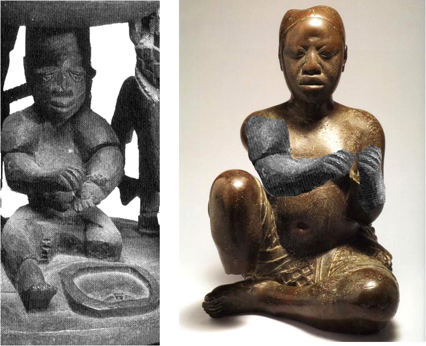 Fig. 2. At right, the forearms of the late 14th-century Tada copper figure have been digitally reconstructed, their position heightening its resemblance to the carved diviner shown at left in a detail from a 20th-century agere-Ifá. Right, created by Paul Chapin, Amherst College, Amherst, MA after piece 79.R.18 in the collection of the National Commission for Museums and Monuments, Nigeria. Left, MA 1999.17 The Barry D. Maurer (Class of 1959) Collection of African Art purchased with money from the Amherst College Discretionary Fund and funds from H. Axel Schupf (Class of 1957). Mead Art Museum, Amherst College, MA. Photo by Stephen Peteorsky. Images and comparison courtesy Rowland Abiodun. 