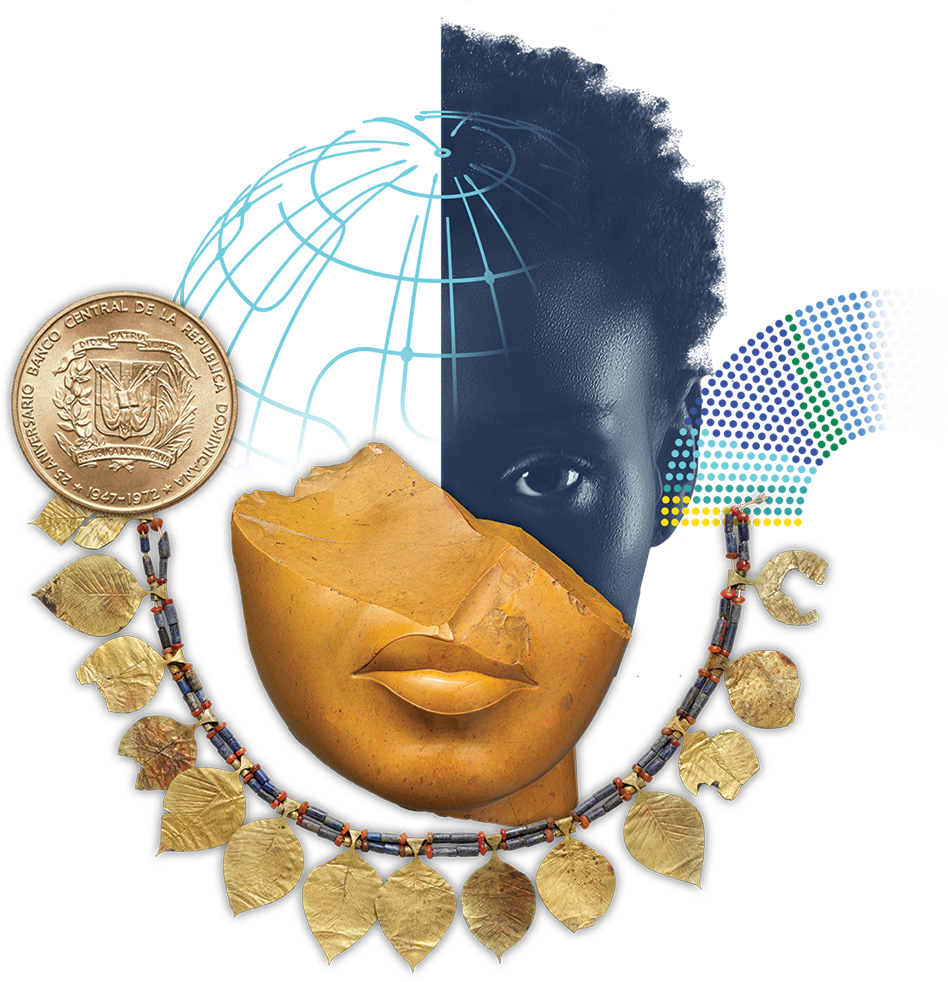 Illustration of woman, necklace, and coin