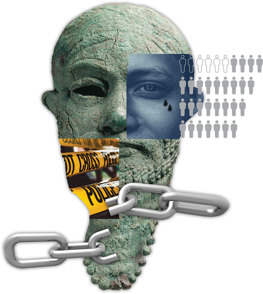 Illustration of statue head and male head along with chains and police tape