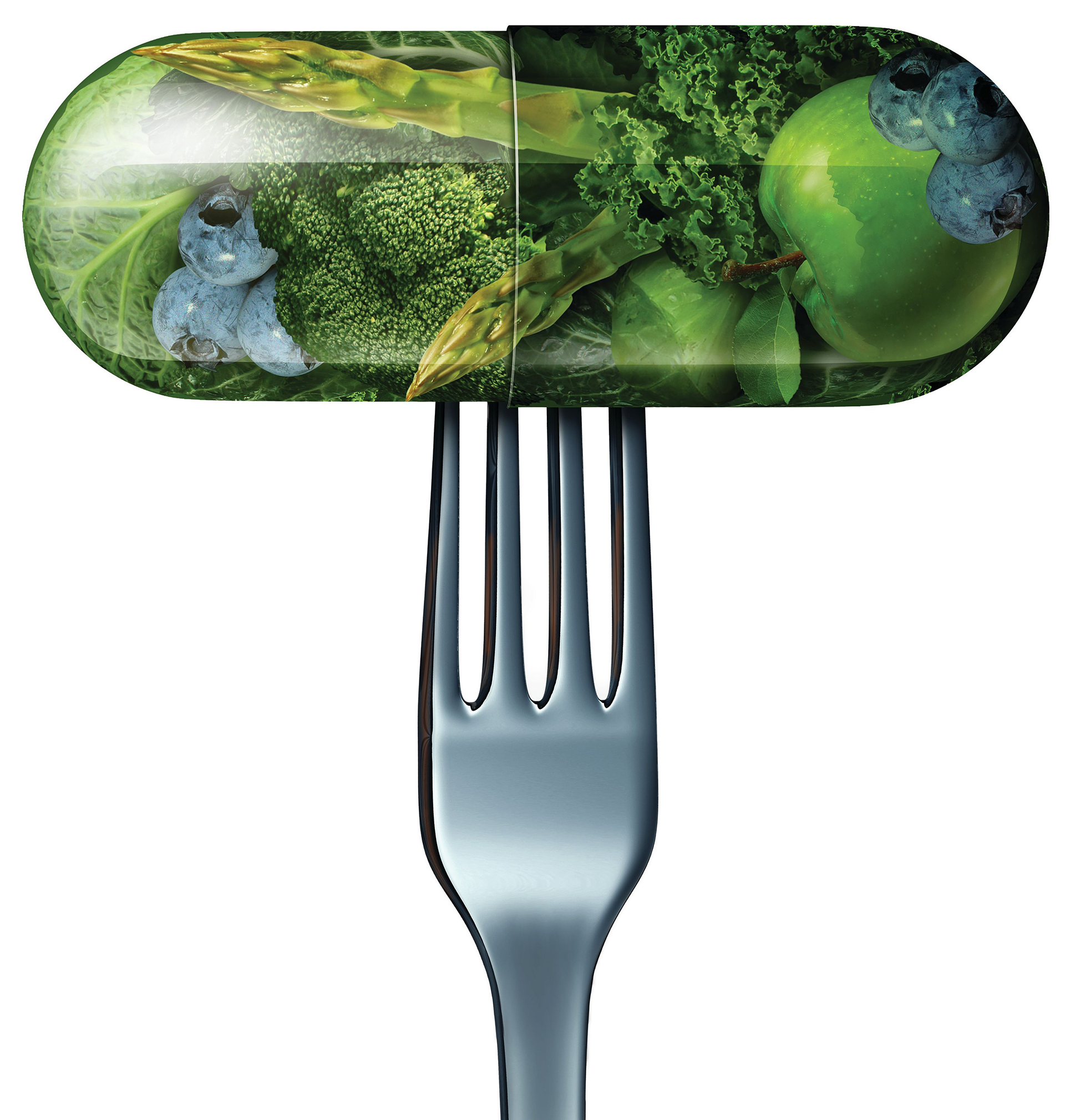 A fork cuts into health-food filled supplement capsule