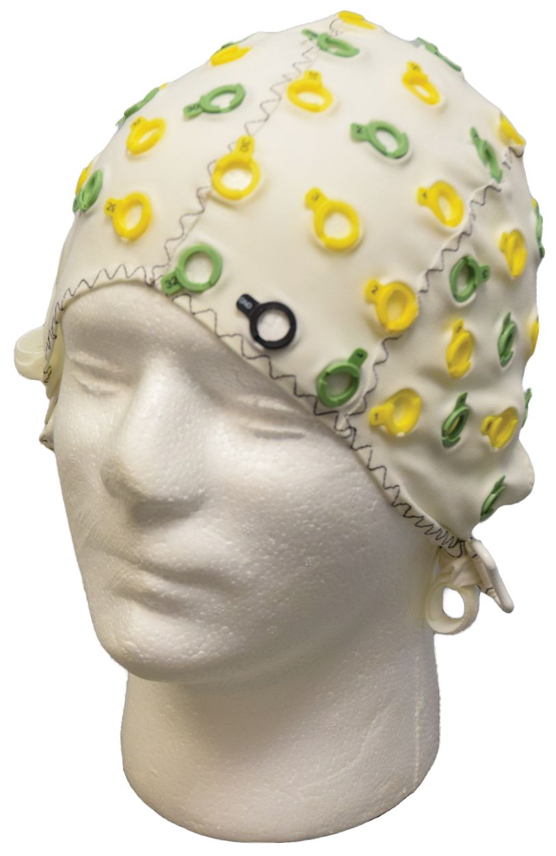 The EEG caps used in the lab measure the electrical charges produced by the participants' brains.