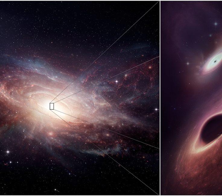 Scientists using the Atacama Large Millimeter/submillimeter Array (ALMA) to look deep into the heart of the pair of merging galaxies known as UGC 4211 discovered two black holes growing side by side, just 750 light-years apart. This artist’s conception shows the late-stage galaxy merger and its two central black holes. The binary black holes are the closest together ever observed in multiple wavelengths.