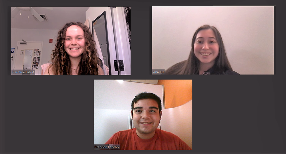 screenshot of Caroline Labrit, Ana Xu, and Brandon Lancho in a group Zoom meeting where they all have their front-facing camera on.
