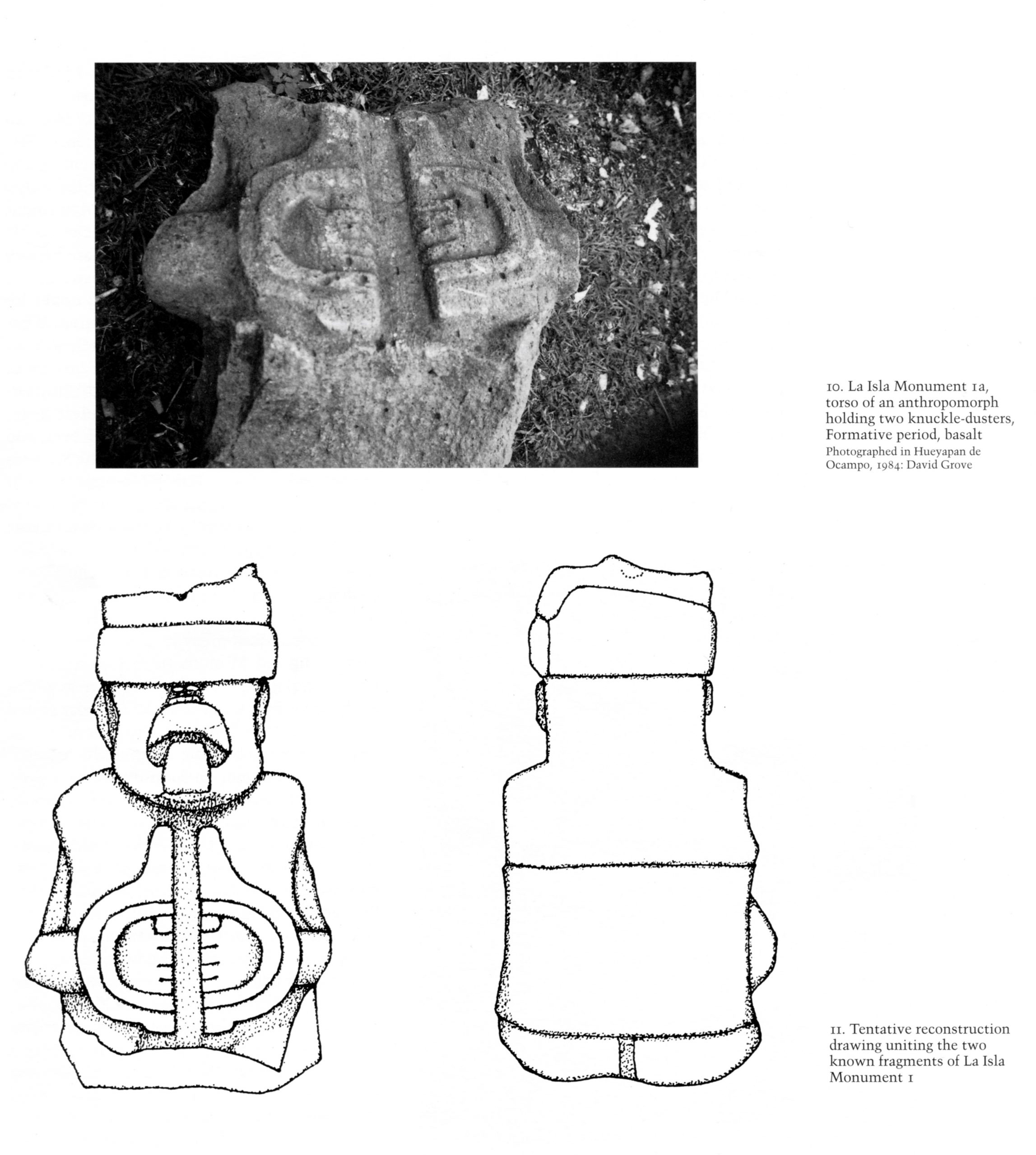 On top is a photograph of the original statue without a head or arms and legs. At the bottom is a pair of sketches showing what the statue would look like with the newly-found head attached.