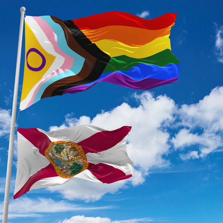 large LGBTQ Progress Pride with intersex inclusion flag and flag of Florida state, USA. Freedom and love, activism, community concept.