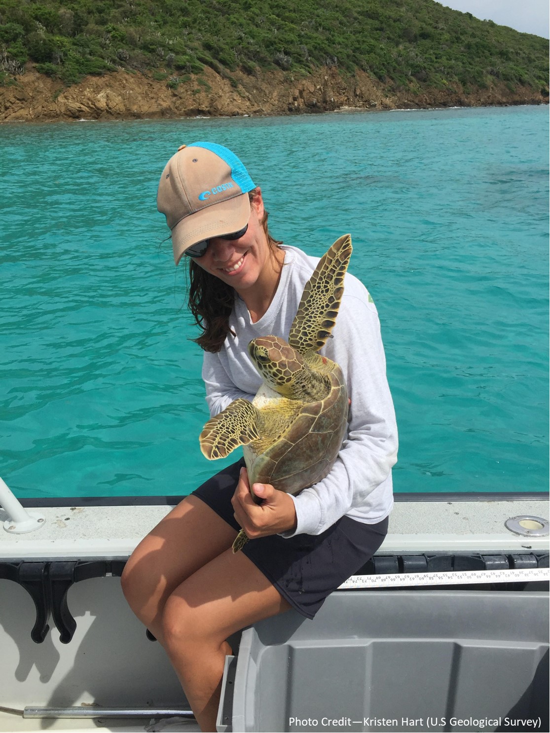 Alexandra Gulick holding a green sea turtle