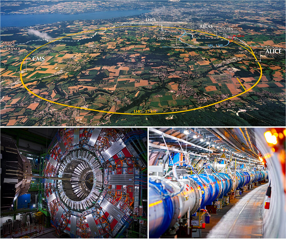 Aerial picture of CERN (top), CMS experiment (bottom left), LHC tunnel (bottom right). Image credit: CERN