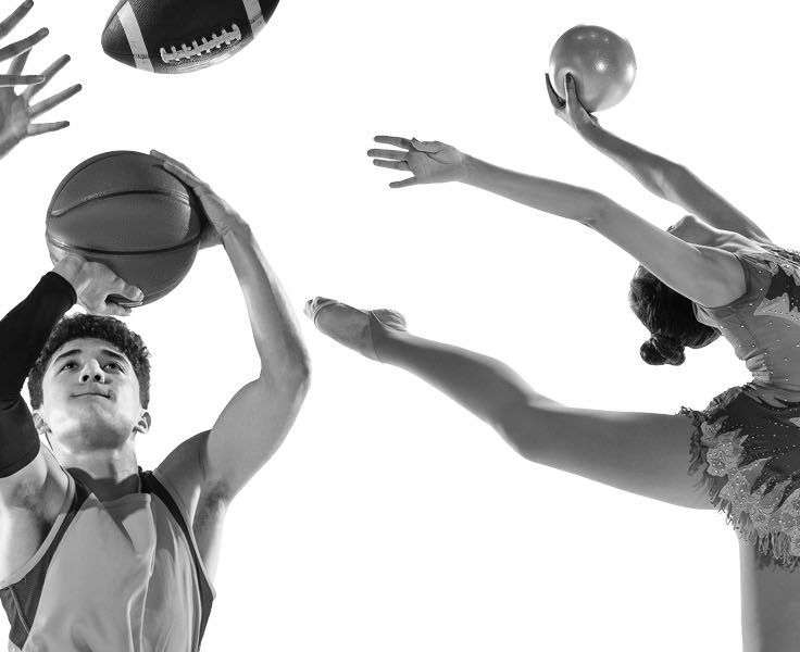 athletes in motion, including a basketball player launching a ball into the air and a gymnast bending gracefully