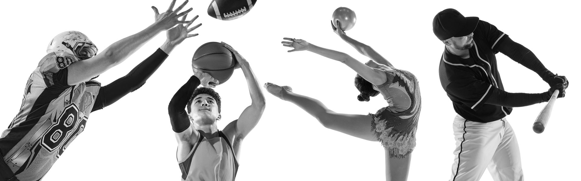 athletes in motion, including a basketball player launching a ball into the air and a gymnast bending gracefully