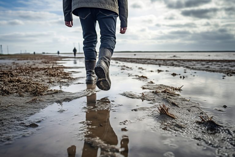 human walks through mud