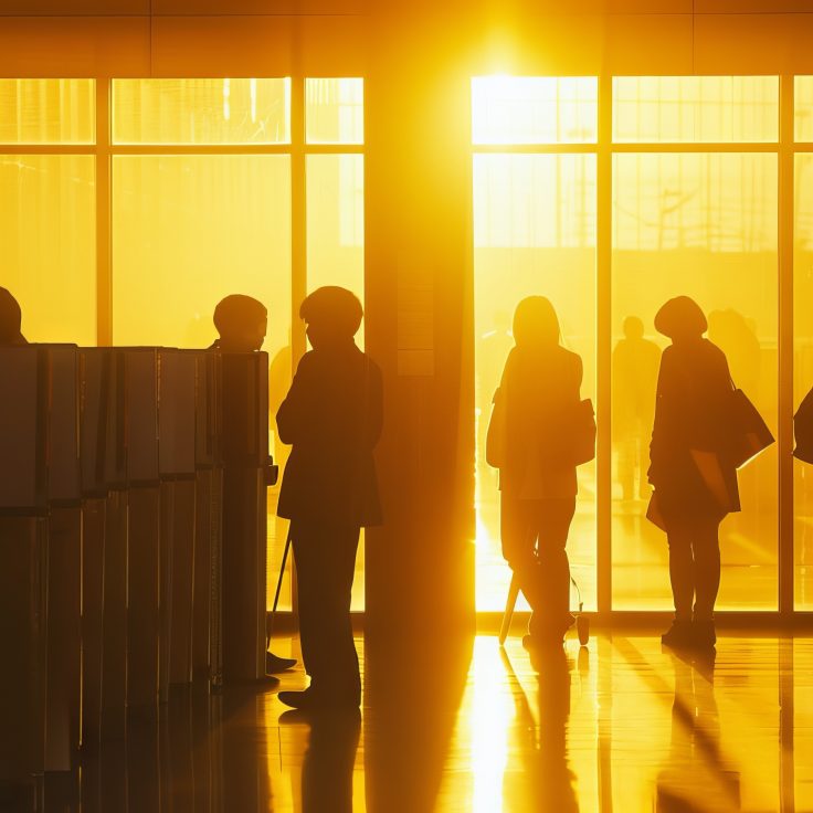 Silhouettes of people at a polling station during sunset.