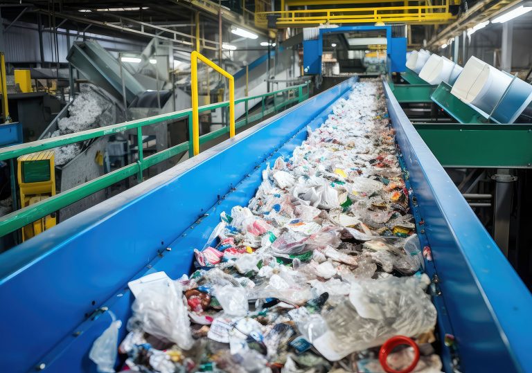 plastic on conveyor belt to transport for recycling