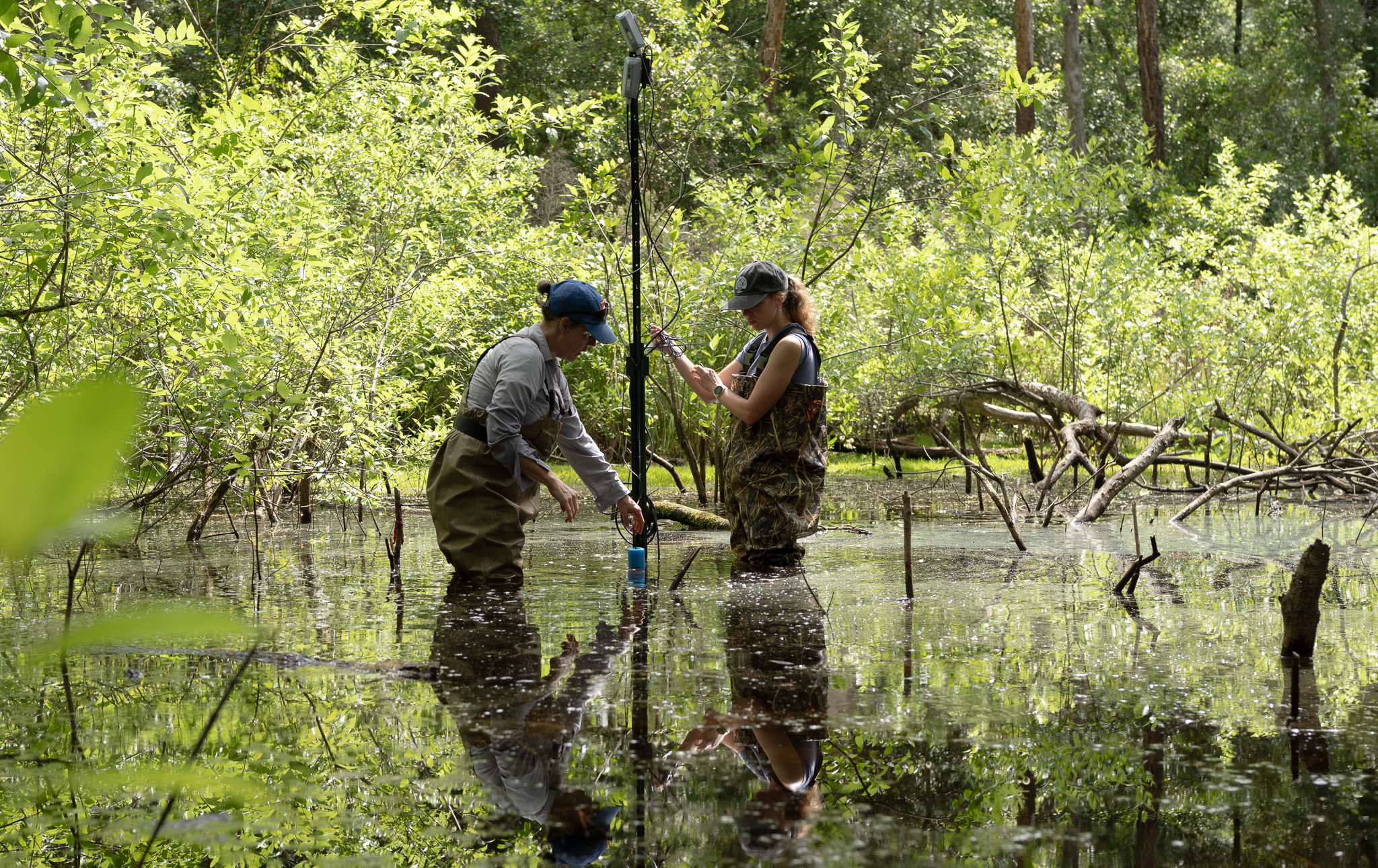 two people in waders add a pole to thigh-deep waterway