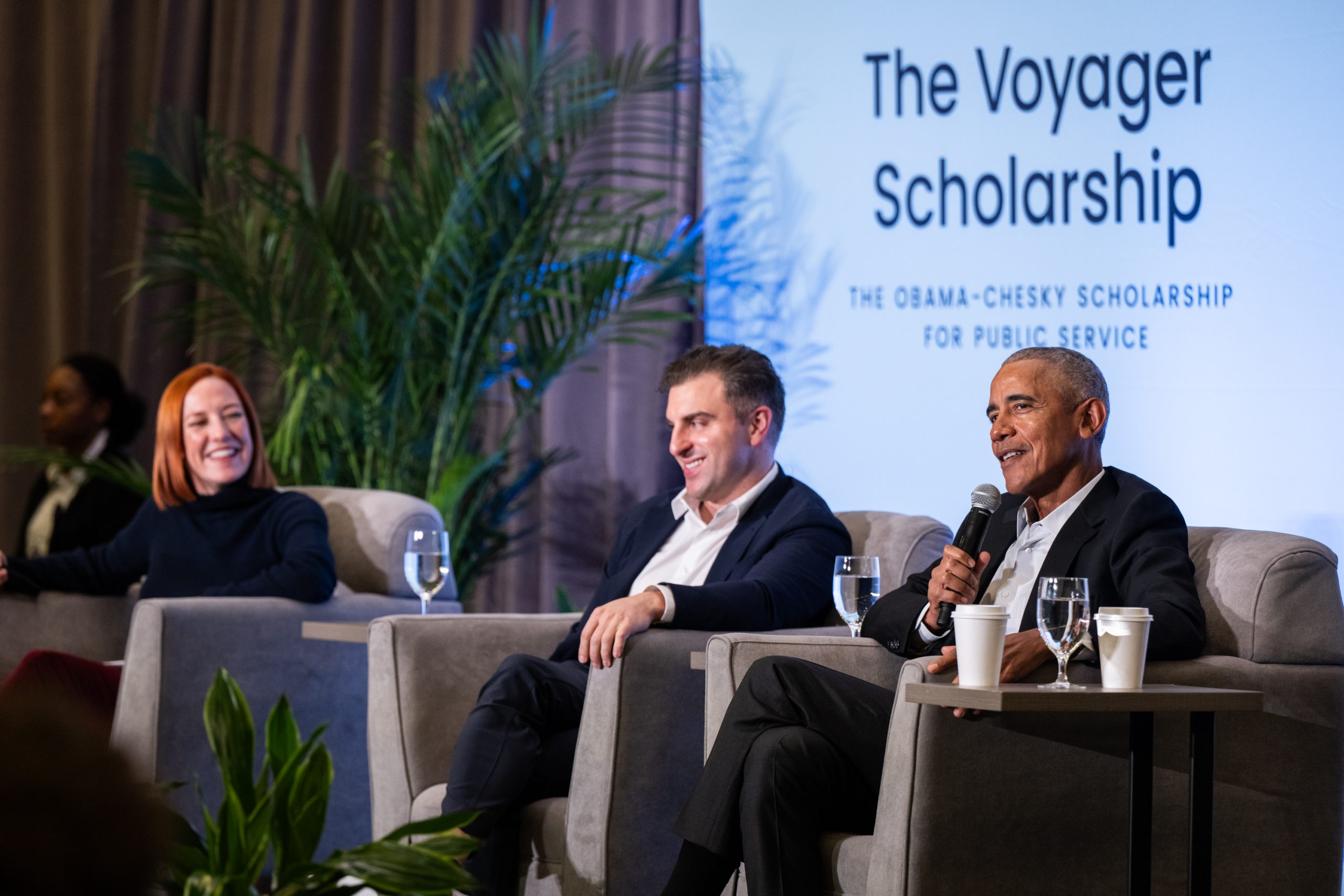 Photo of President Obama speaking with Voyagers at the Obama Foundation.