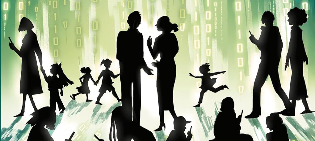 Silhouettes of parents and children in various activities on a backdrop of computer code