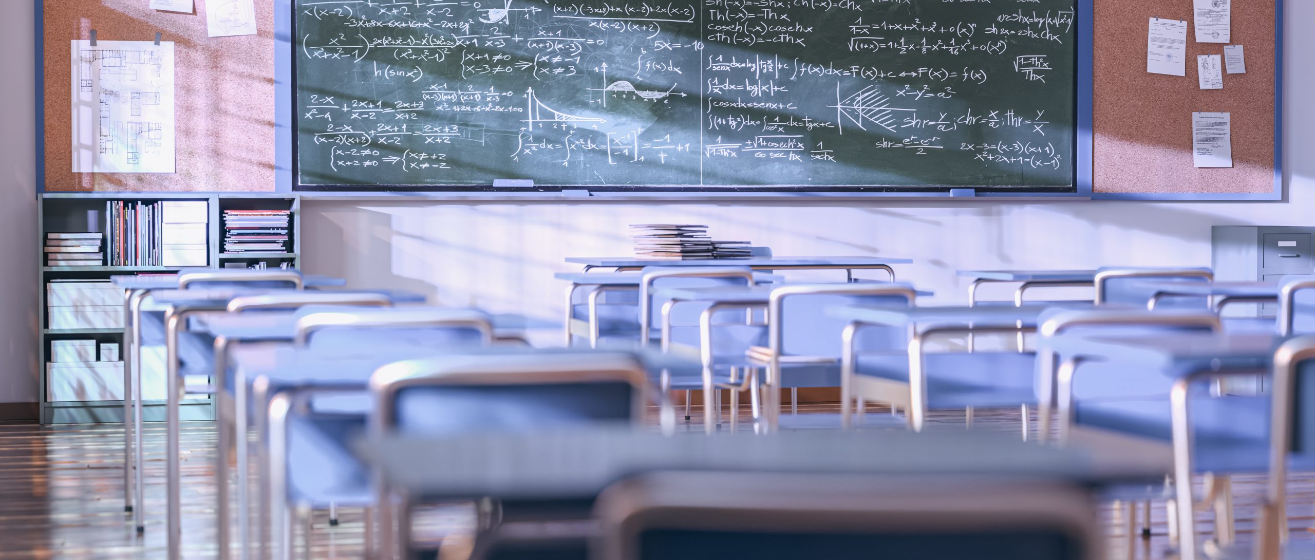 empty classroom with math equations chalkboard 3d