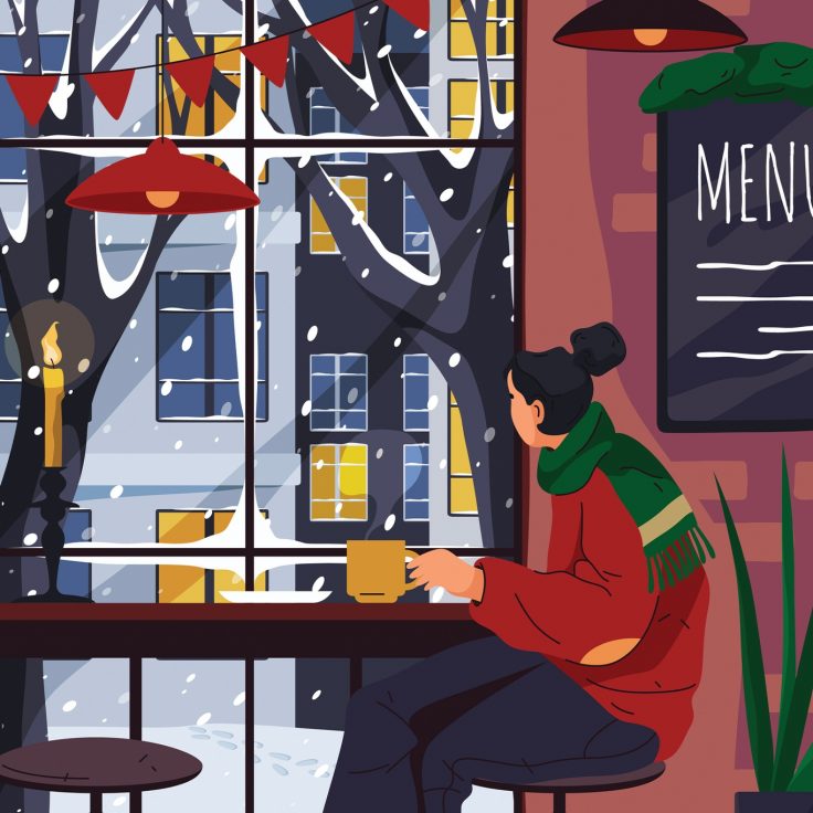 an animated picture of a person holding a coffee mug looking out a window